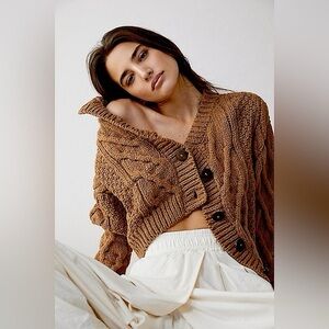 FREE PEOPLE Bonfire Cable Knit Cardigan In Beaver Fur Size XS